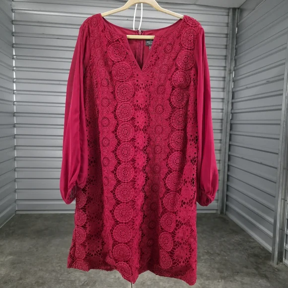 16W RED Adrianna Papell Dress Crochet Lace Midi Chiffon Slit Sleeves Lined - Picture 2 of 6